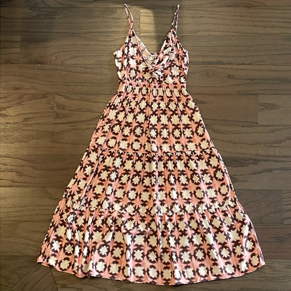 LOFT Petite Pink and Brown Patterned Midi Dress - Size 0P